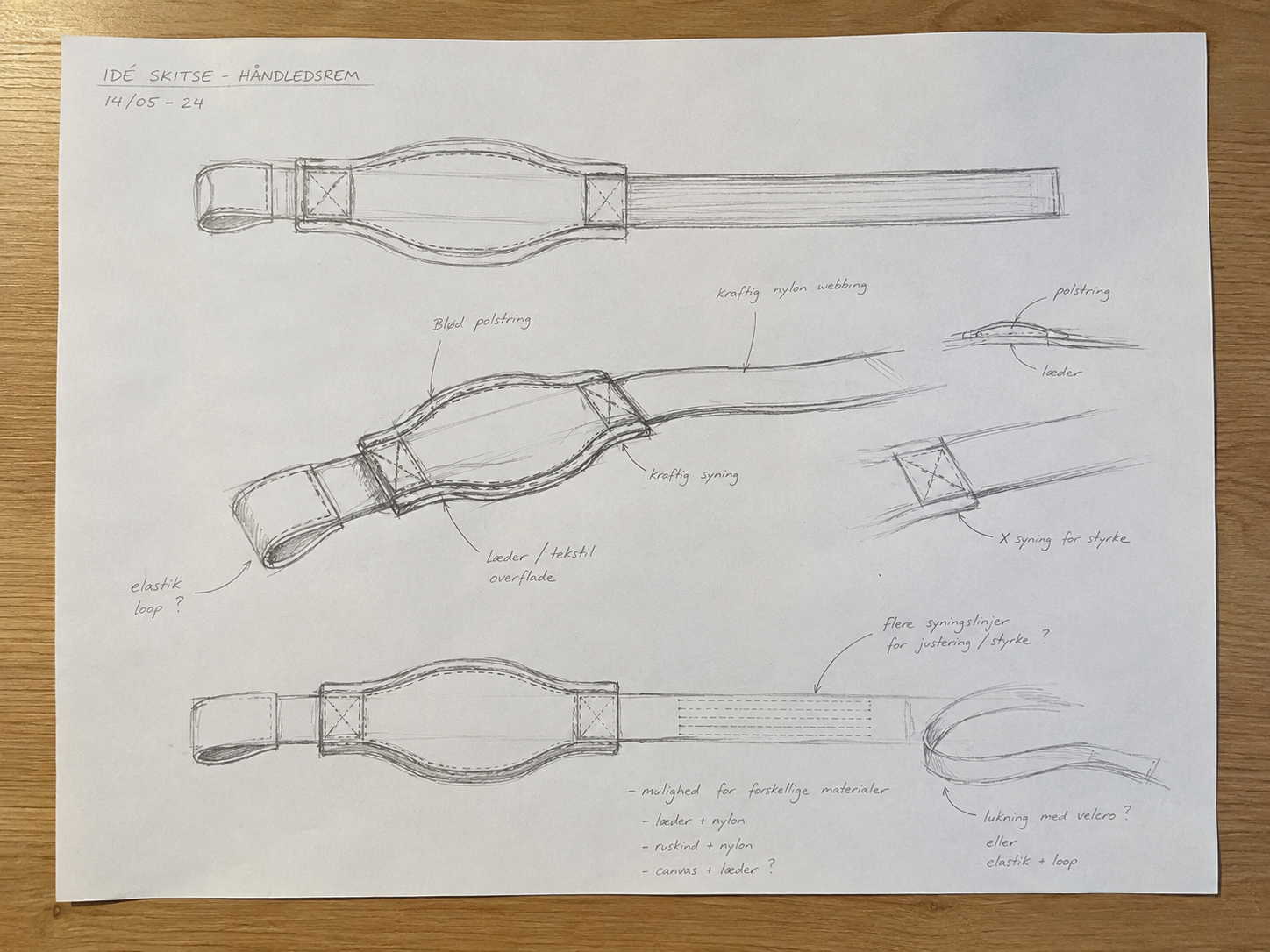 Original hand-drawn concept sketch of the Ælevare loop strap, showing the shaped padded contact area, nylon webbing, X-stitching and loop, annotated with handwritten construction and material notes.